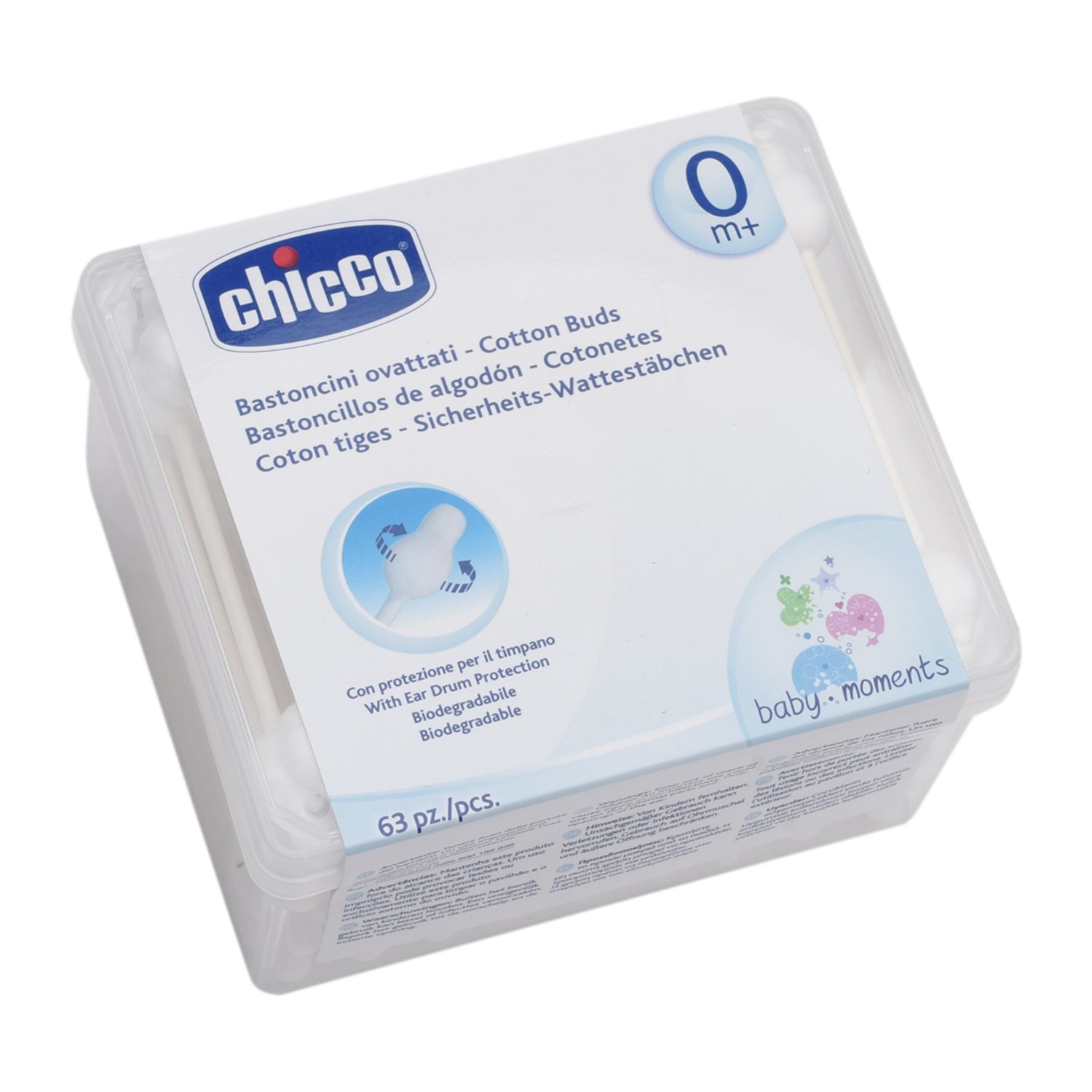 CHICCO Палочки Ватные Baby Moments Детские с Ограничителем, 0 мес.+, 63 шт
